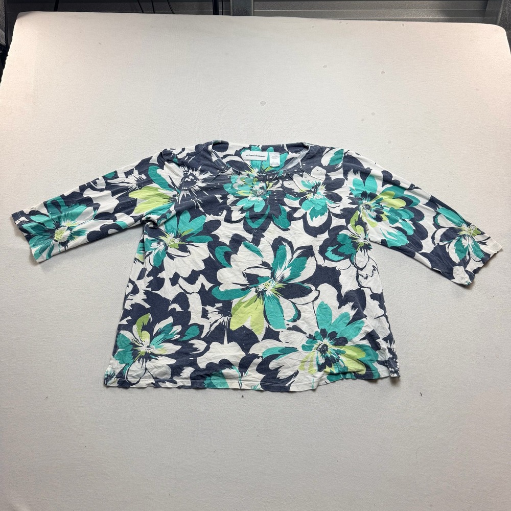 Alfred Dunner Floral Top Women Size Large Blue Green Excellent Rhinestone Cotton